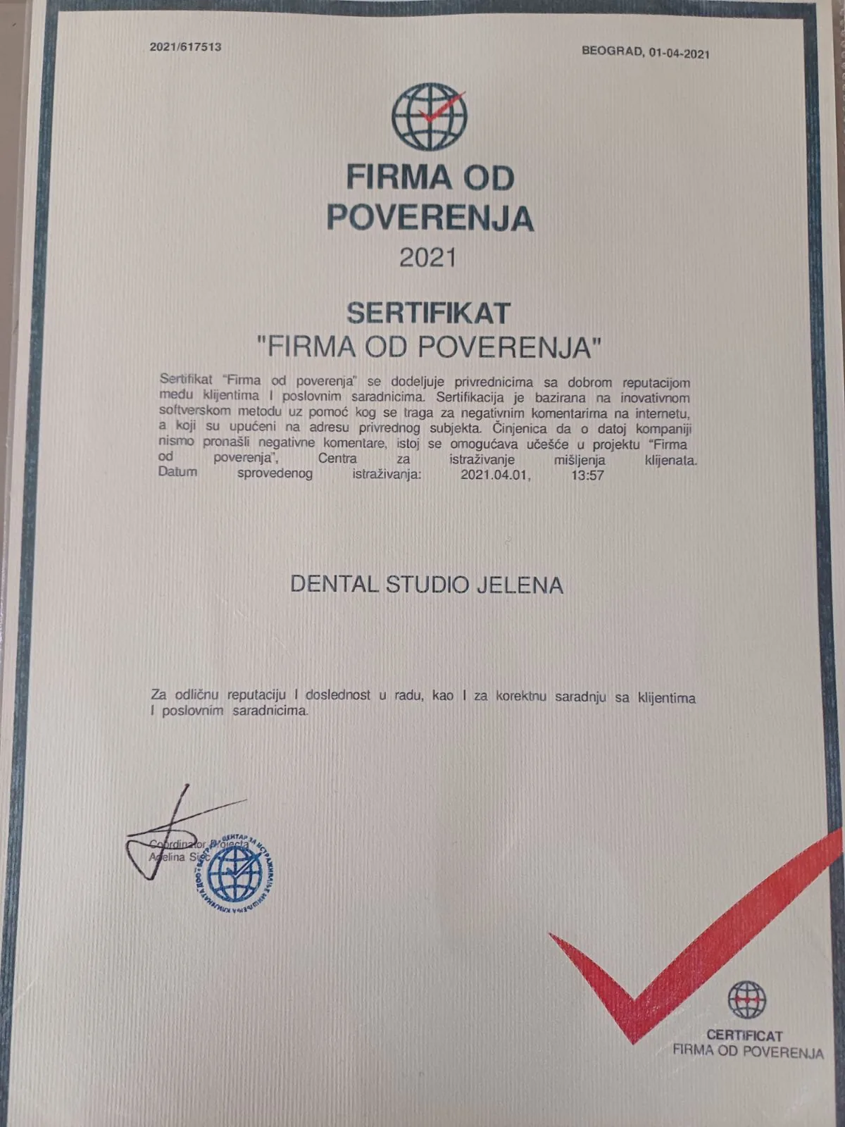 Sertifikat „Firma od poverenja“ za 2021. godinu